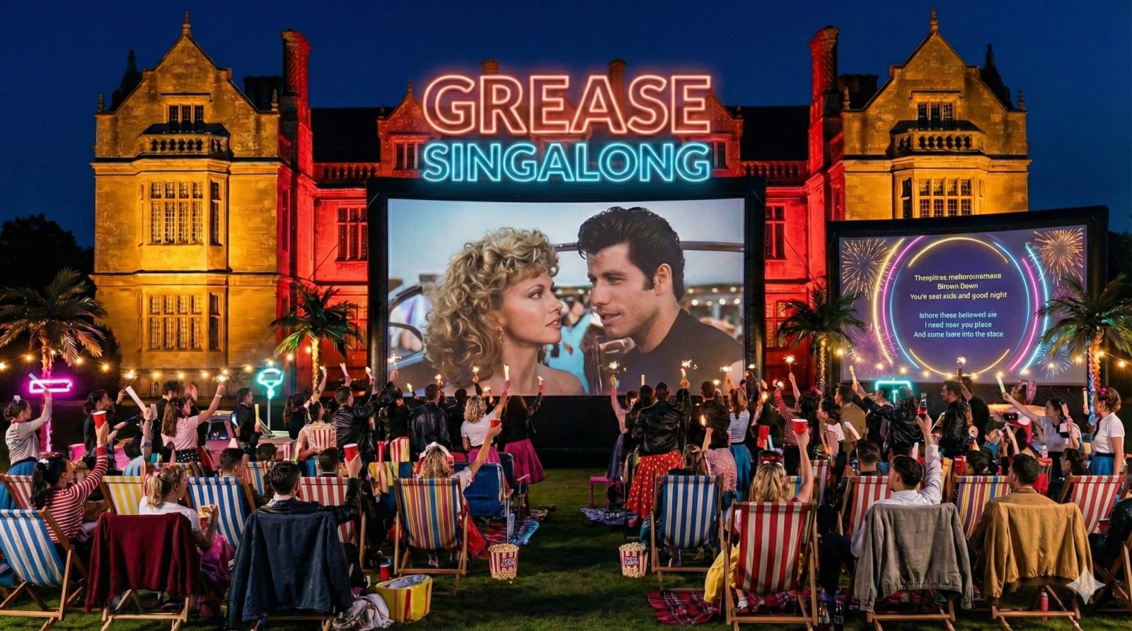 An outdoor cinema immersive singalong screening of Grease at an Elizabethan manor house at night, retro 1950s themed neon lighting in pink and turquoise, laser beams and pyrotechnic sparks erupting during musical numbers, audience members singing along with on-screen lyrics, glow sticks and props waving, electric nostalgic atmosphere with haze effects