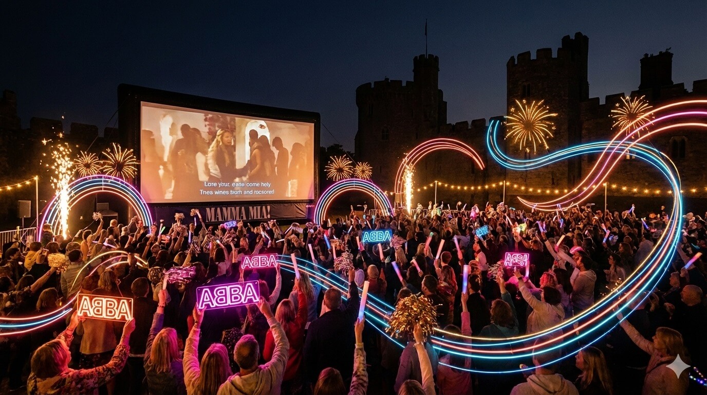 An outdoor cinema singalong screening of Mamma Mia at a dramatic medieval castle at night, enthusiastic crowd waving glittery props and glow sticks, colourful ABBA-themed neon lighting in pink and blue, lyrics visible on the big outdoor screen, joyful summer evening atmosphere with the historic castle towers silhouetted behind