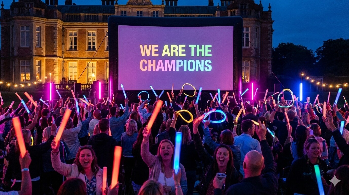 An excited outdoor cinema audience waving glow sticks and neon props at night, colourful on-screen lyrics projected on a massive outdoor screen, crowd members singing together with arms raised, neon pink and blue lighting illuminating joyful faces, theatrical warm atmosphere with a stately home backdrop
