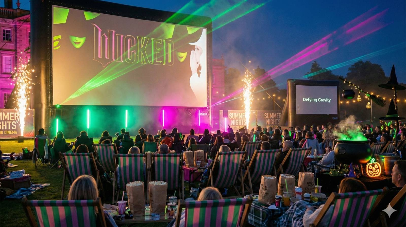 An outdoor cinema singalong screening of Wicked at a grand stately home at night, dramatic emerald green and pink neon lighting illuminating the crowd, on-screen lyrics glowing on a massive outdoor screen, audience singing along with glow sticks in green and pink, theatrical magical atmosphere with haze effects and warm festoon lights
