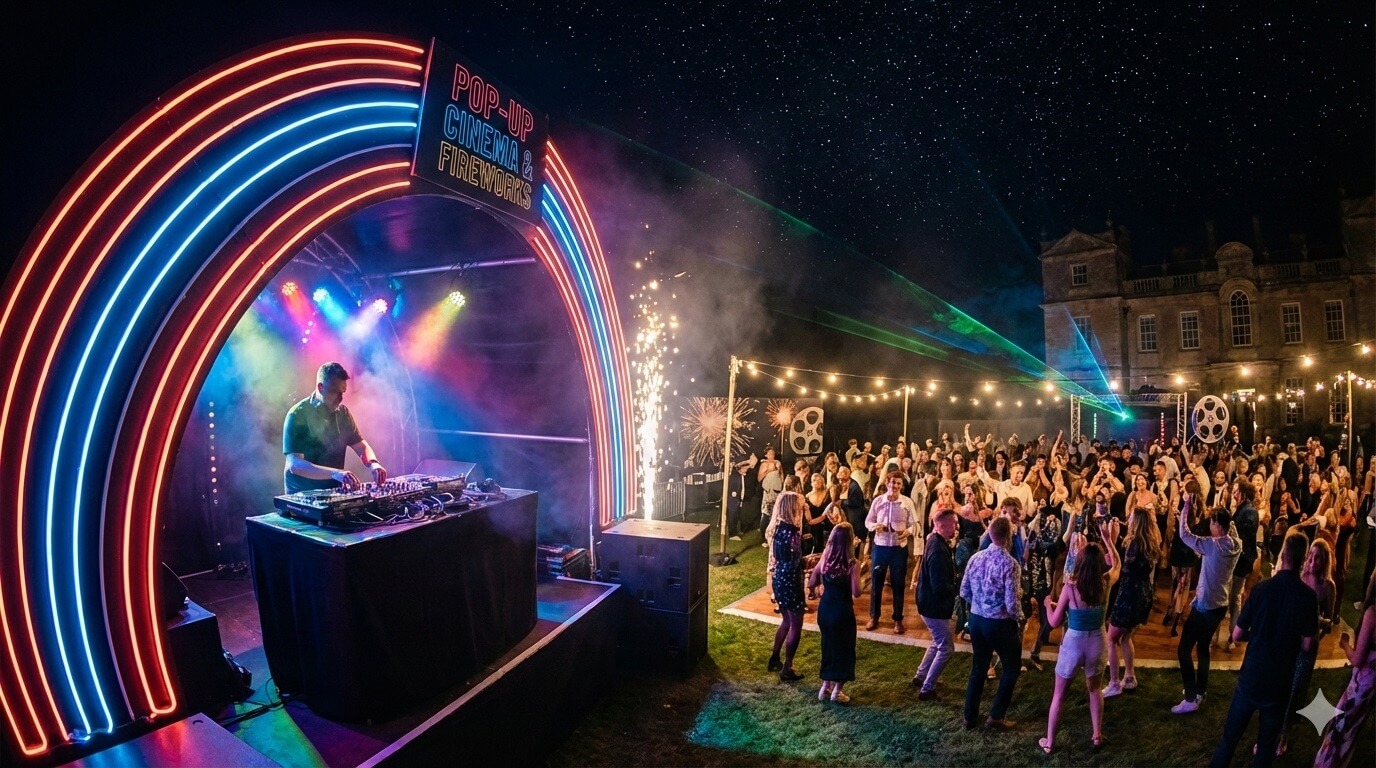 A DJ performing on an outdoor stage at an outdoor cinema event at night, turntables and professional sound equipment lit by neon coral and electric blue spotlights, a crowd dancing on a makeshift dance floor under festoon lights, atmospheric haze and subtle laser effects, party vibes under a canopy of stars