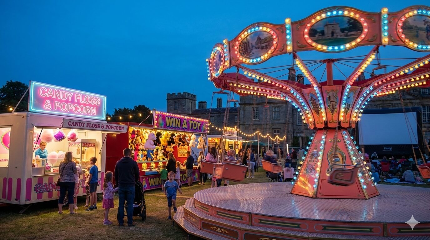 A colourful fairground setup at an outdoor cinema event at dusk, classic spinning ride with bright multicoloured lights, candy floss stall and funfair games with stuffed toy prizes, families and children enjoying the attractions, warm neon lights and festoon bulbs creating a magical carnival atmosphere, stately home grounds in the background