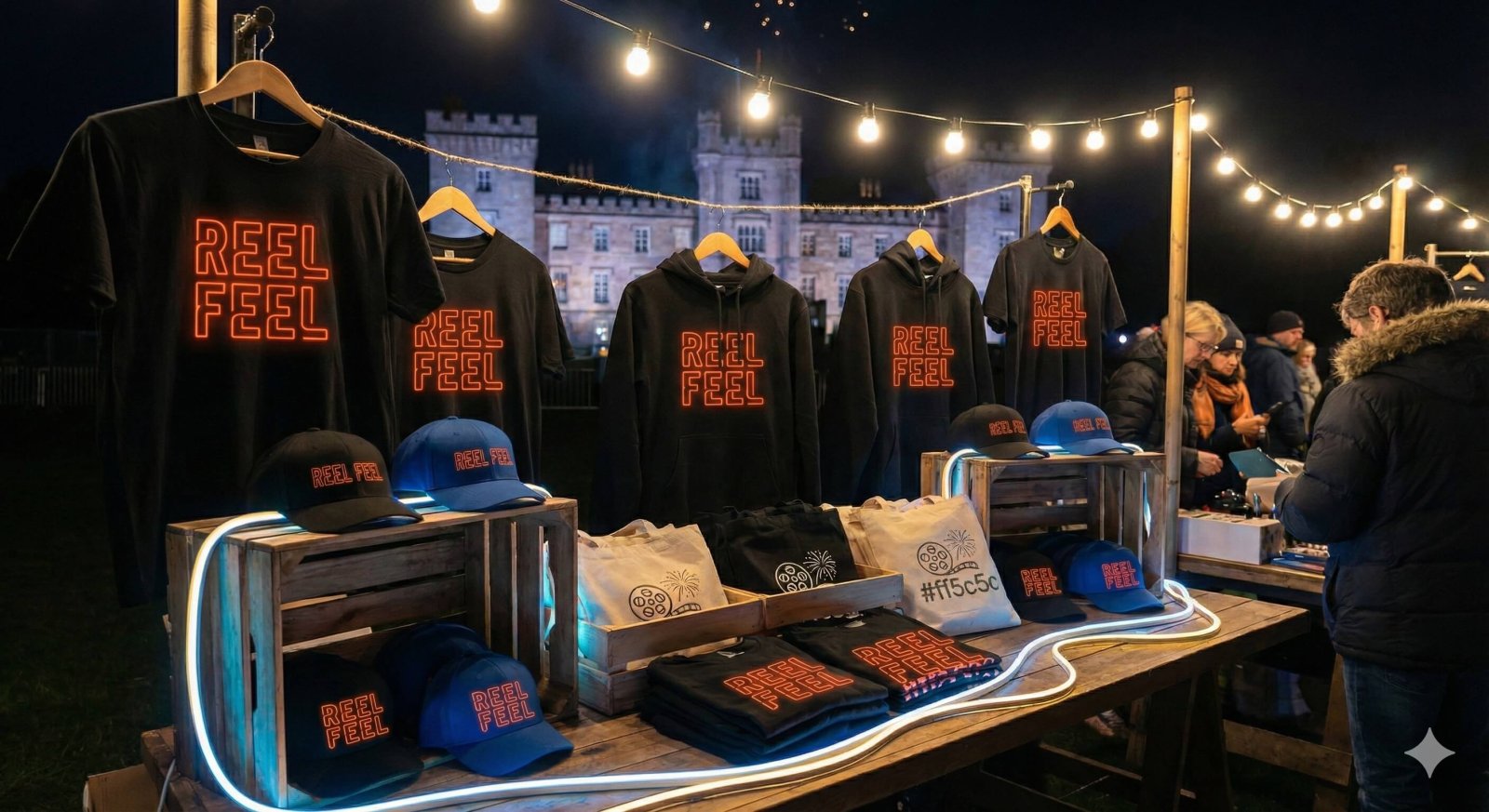 A branded outdoor cinema merchandise display table at an event at night, neon coral logo printed on black t-shirts and hoodies, branded baseball caps and tote bags neatly arranged, warm festoon lighting overhead, sleek black and neon-accented brand aesthetic