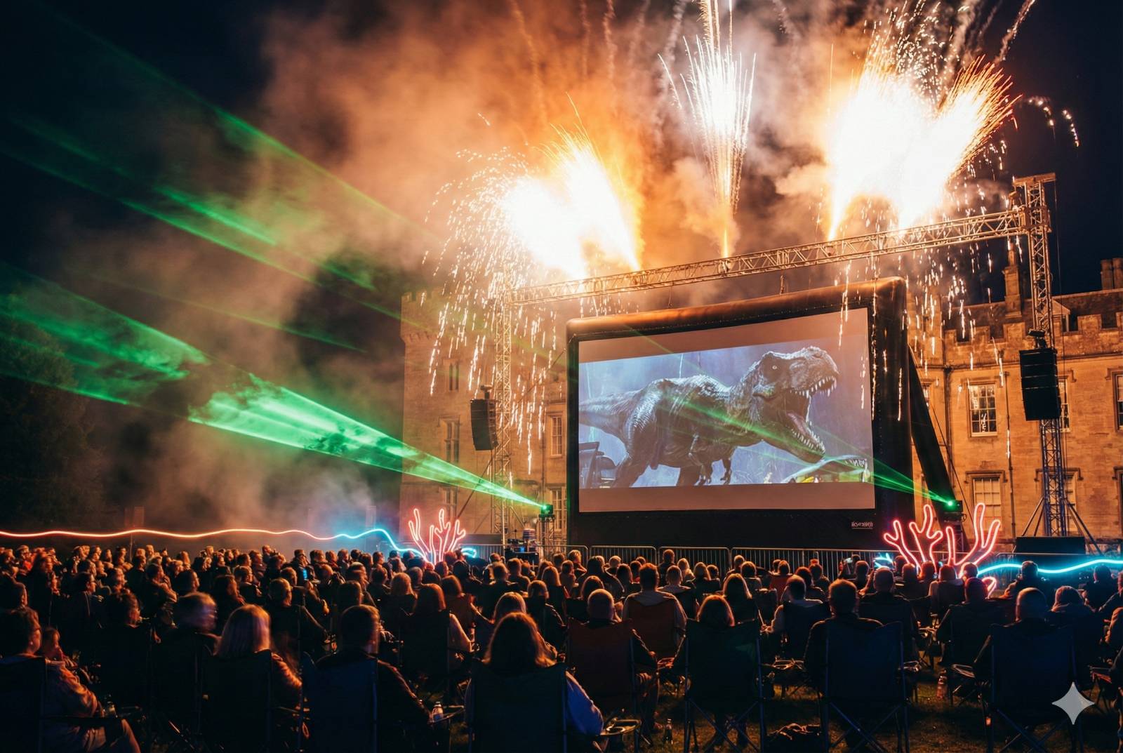 Spectacular pyrotechnic effects lighting up the night sky beside a giant outdoor cinema screen showing Jurassic Park, bright orange and white sparks cascading down from rigging, green atmospheric laser lighting, dramatic smoke effects, silhouetted crowd watching in awe at a castle venue